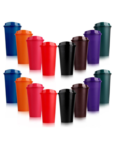 Set de 16 Tazas Reutilizables Lemicin 0.47L Coloridas con Tapas