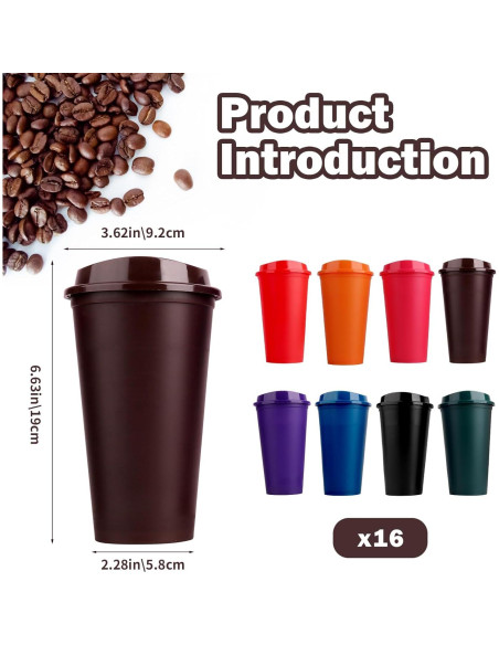 Set de 16 Tazas Reutilizables Lemicin 0.47L Coloridas con Tapas
