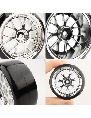 4 Neumáticos de Plástico Duro GDOOL 1/10 para RC Drift Plata