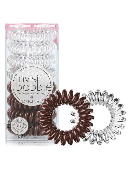 invisibobble Original - Paquete de 8 Ligas para Cabello Sin Marcas - Cristal Claro y Marrón Pretzel