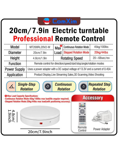 Soporte giratorio motorizado 20 cm ComXim 45 kg para fotografía