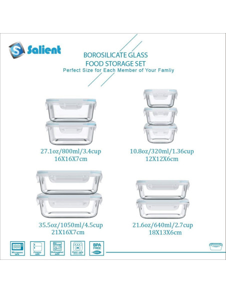Juego de 18 Contenedores de Almacenamiento de Vidrio S SALIENT Juego de 18 Contenedores de Almacenamiento de Vidrio S SALIENT