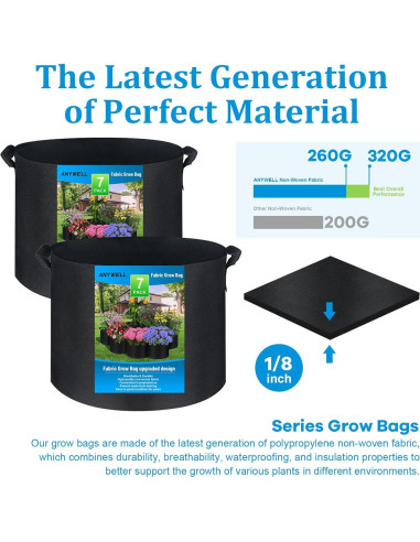Paquete de 7 bolsas de cultivo de tela 15 galones ANYWELL