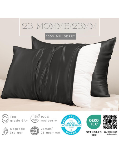 Funda de Almohada de Seda PROMEED 23 Momme 100% Morera - Negro