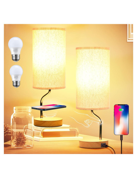 Juego de 2 Lámparas de Mesa LED Crema con Cargador Inalámbrico