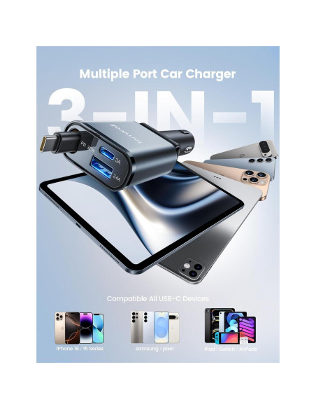 Cargador de coche Lamicall USB-C 57W con cable retráctil