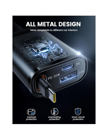 Cargador de coche Lamicall USB-C 57W con cable retráctil