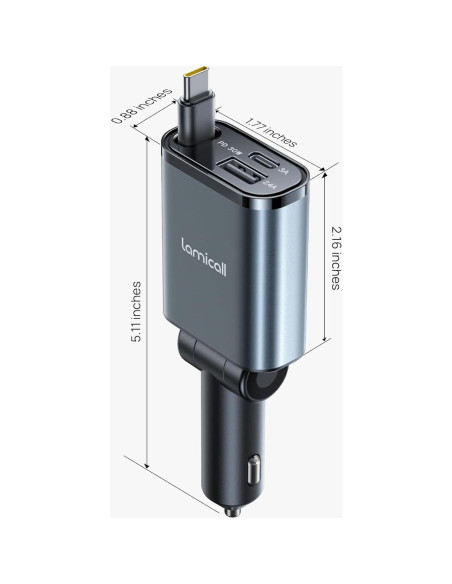 Cargador de coche Lamicall USB-C 57W con cable retráctil
