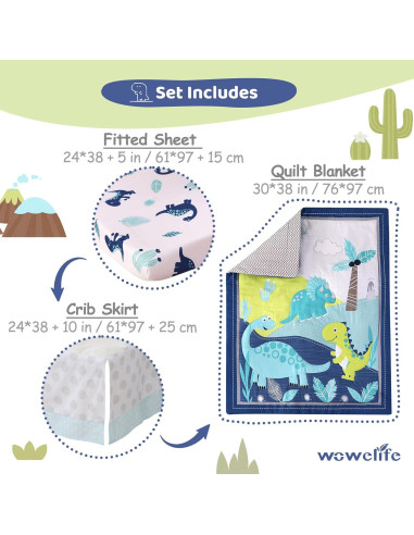 Conjunto de Ropa de Cuna Mini Wowelife Dinosaurios Azul 3 Piezas