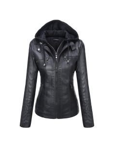 Chaqueta de Cuero Sintético para Mujer Tanming con Capucha - X-Large