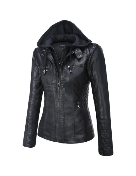 Chaqueta de Cuero Sintético para Mujer Tanming con Capucha - X-Large