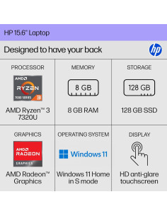 Laptop HP 15.6" Touch HD, AMD Ryzen 3, 8GB RAM, 128GB SSD 2