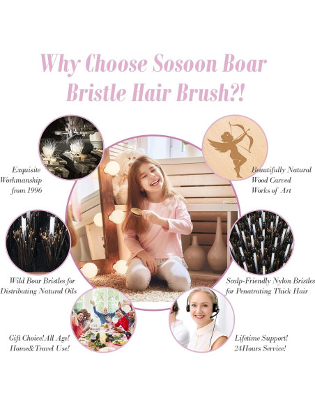 Cepillo de viaje mini Sosoon con cerdas de jabalí para todo tipo de cabello