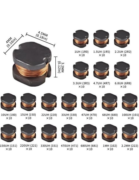 Kit 200 Pcs Inductores SMD VANXY 1UH a 2.2MH 4.5x4mm