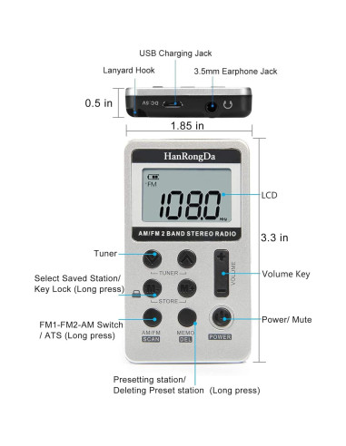 Receptor de Radio Portátil AM/FM HanRongDa HRD-103 Estéreo