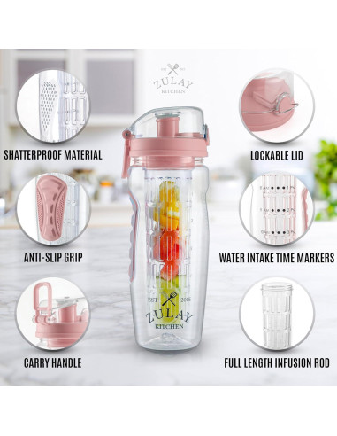 Botella de Agua Infusora Zulay 0.95L Rosa Aislada