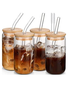 Juego de Tazas de Vidrio DWTS DANWEITESI 4 pcs 16 oz con Tapas y Pajitas