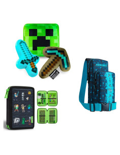 Set de Regalo Minecraft: Bolsa Cruzada Creeper + 3 Peluches + Estuche