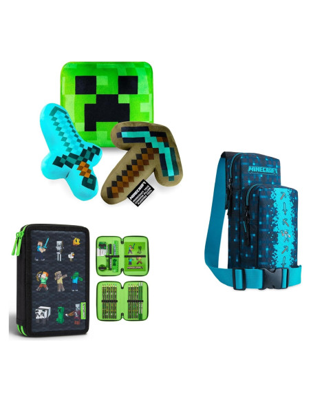 Set de Regalo Minecraft: Bolsa Cruzada Creeper + 3 Peluches + Estuche