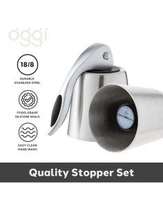 Juego de 2 Tapones de Vino OGGI Acero Inoxidable Hermético 2