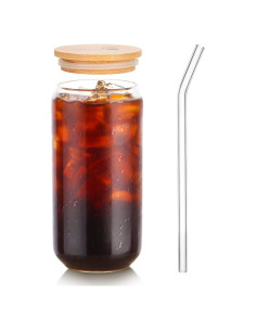 Vaso de Vidrio 16oz Kxuhivc con Tapa de Bambú y Popote