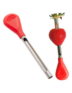 Despalillador y Deshuesador de Fresas Iconikal - 2 Piezas, Acero Inoxidable, Mango Rojo