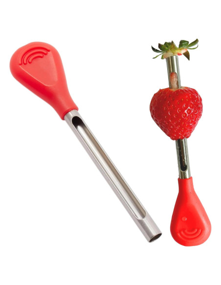 Despalillador y Deshuesador de Fresas Iconikal - 2 Piezas, Acero Inoxidable, Mango Rojo