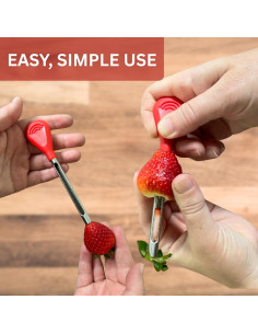 Despalillador y Deshuesador de Fresas Iconikal - 2 Piezas, Acero Inoxidable, Mango Rojo 2