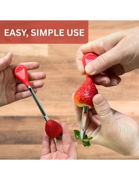 Despalillador y Deshuesador de Fresas Iconikal - 2 Piezas, Acero Inoxidable, Mango Rojo