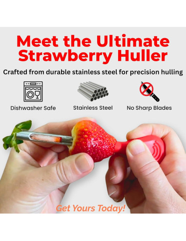 Despalillador y Deshuesador de Fresas Iconikal - 2 Piezas, Acero Inoxidable, Mango Rojo
