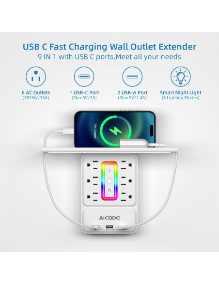 Extensor de Enchufe AICODE ZN-L8-C con 6 Enchufes y 3 USB