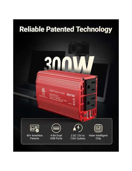 Inversor de Potencia BESTEK 300W DC 12V a AC 110V con USB
