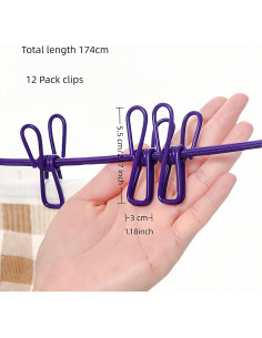 Cuerda de Ropa Portátil FANBODTA 3.66m con 12 Clips Morado 2