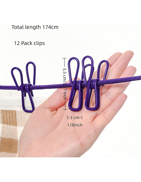 Cuerda de Ropa Portátil FANBODTA 3.66m con 12 Clips Morado