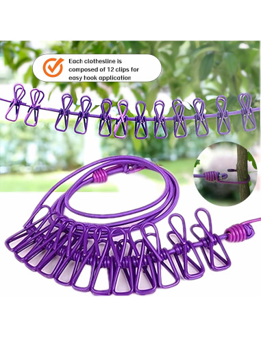 Cuerda de Ropa Portátil FANBODTA 3.66m con 12 Clips Morado