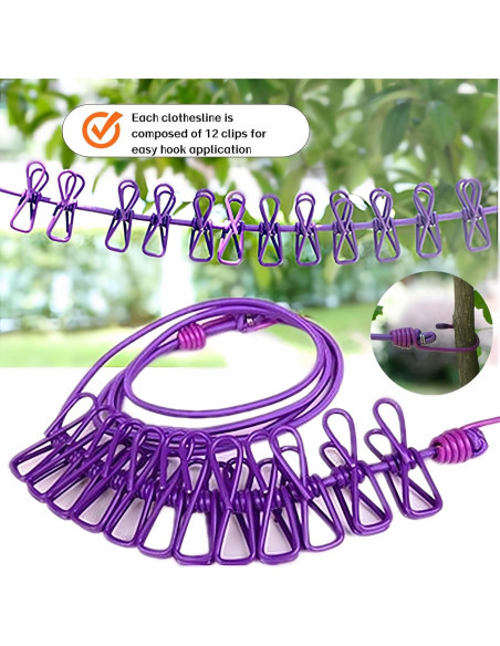 Cuerda de Ropa Portátil FANBODTA 3.66m con 12 Clips Morado