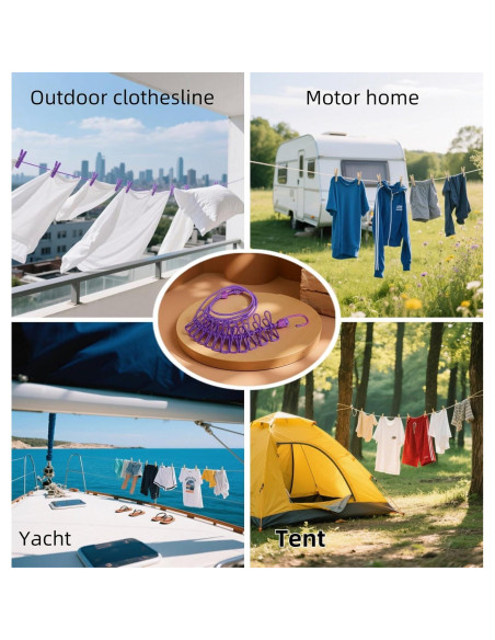 Cuerda de Ropa Portátil FANBODTA 3.66m con 12 Clips Morado