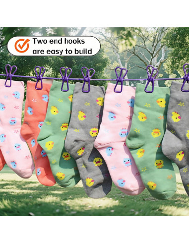 Cuerda de Ropa Portátil FANBODTA 3.66m con 12 Clips Morado