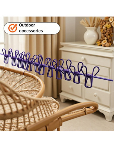Cuerda de Ropa Portátil FANBODTA 3.66m con 12 Clips Morado