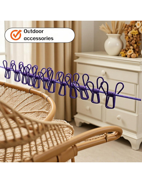 Cuerda de Ropa Portátil FANBODTA 3.66m con 12 Clips Morado