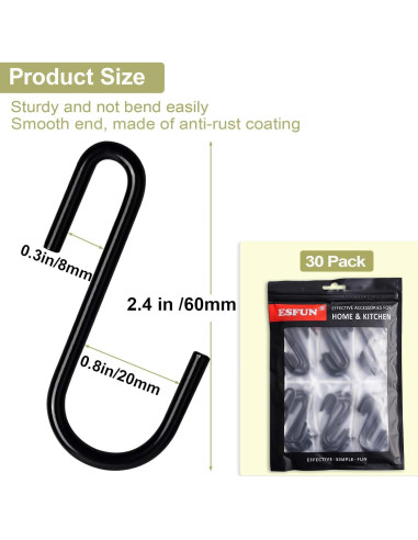 30 Ganchos S de Acero ESFUN para Colgar Utensilios - Negro