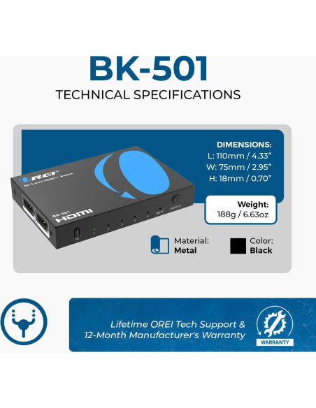 Conmutador HDMI 8K 5x1 OREI con Control Remoto y HDR10+