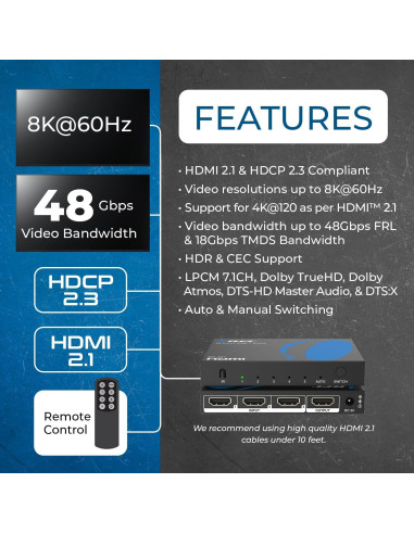 Conmutador HDMI 8K 5x1 OREI con Control Remoto y HDR10+