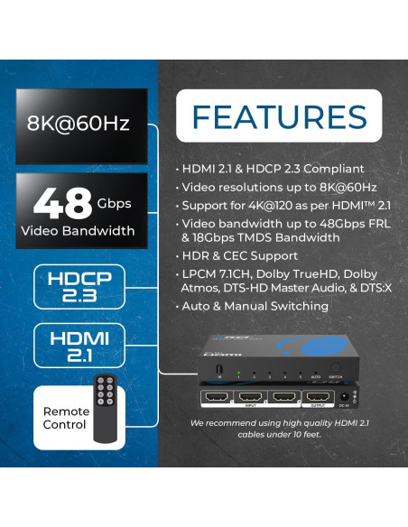 Conmutador HDMI 8K 5x1 OREI con Control Remoto y HDR10+