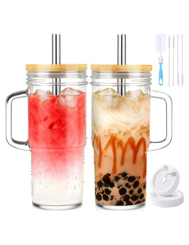Set de 2 Tazas de Vidrio Birity 24oz con Tapa y Popote