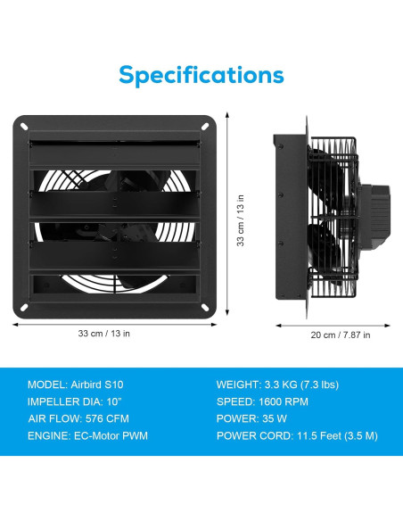 Ventilador de Escape AITECAC Airbird S10 10" 1600 RPM 5 Velocidades