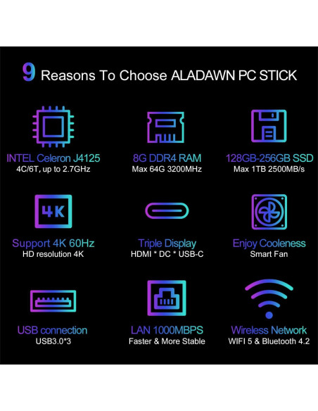 Mini PC Stick ALADAWN S7 J4125 8GB RAM 128GB SSD Windows 11 Pro