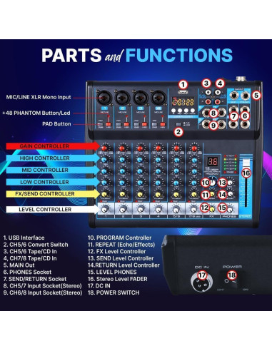 Consola de Mezcla de Audio Pyle PMXU83BT 8 Canales Bluetooth