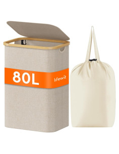 Cesta de Ropa Lifewit 80L con Tapa y Bolsa Extraíble Beige