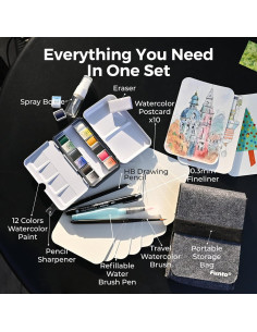 Set de Acuarelas de Viaje Funto 12 Colores con Pincel y Postales 2